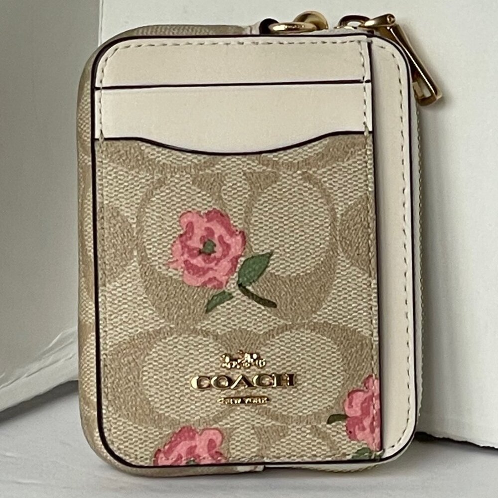 Coach Zip Card Case Pink Floral CR971 ID Wallet Beige Canvas Leather Chain Strap - Picture 1 of 7